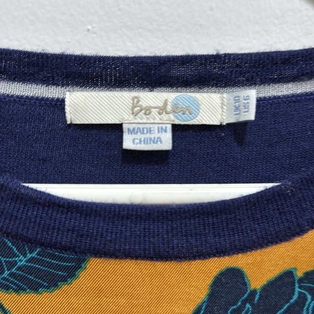 Boden 100% Wool Floral Navy & Mustard Long Sleeve Sweater Size 6 - Picture 2 of 6